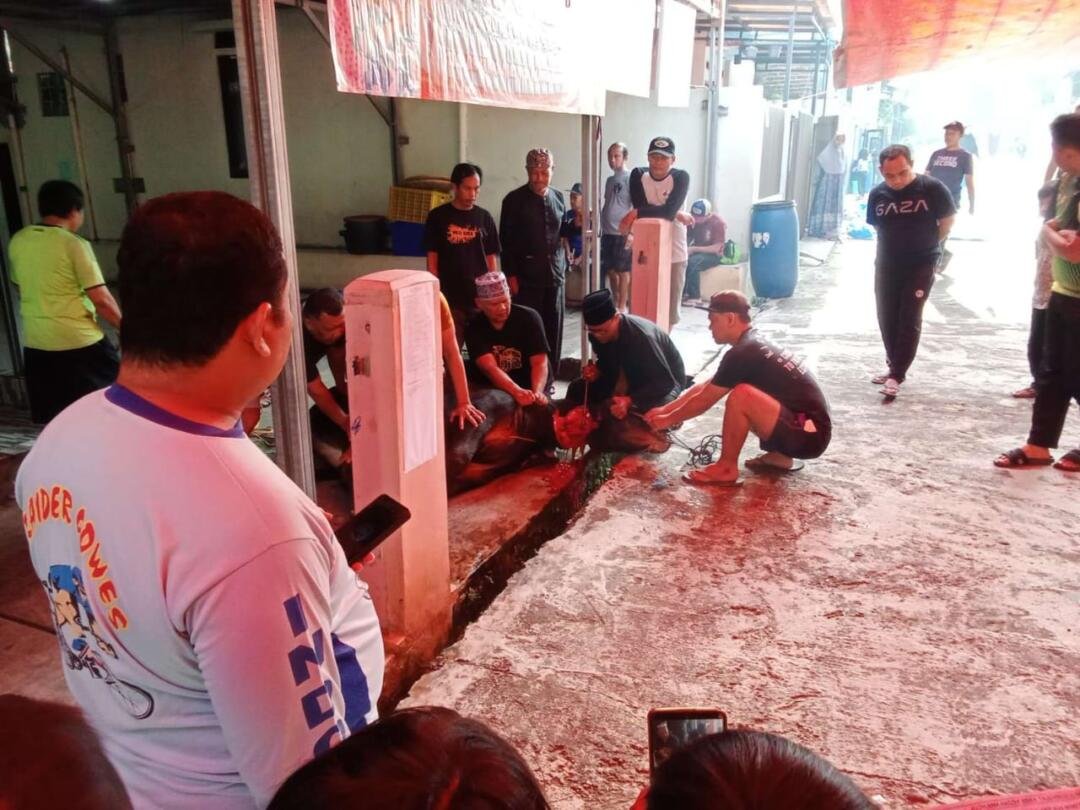 Ketua DKM Ustadz Encep mempersiapkan persiapan penyemblihan hewan kurban